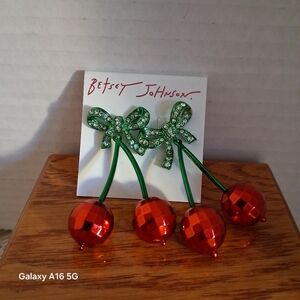 Betsey Johnson Green Bow with Red Cherry Earrings